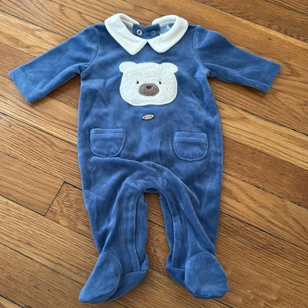 NEW Mayoral Blue Bear velour Footie One Piece button back boys newborn